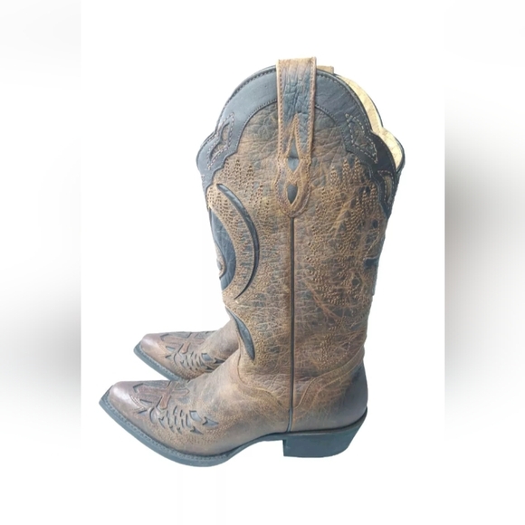 J.B. Dillon Leather Winged Cross Embroidered Cut Out Boots  Size 7 B Brown - Picture 2 of 15